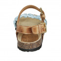 Woman's straps sandal in tan brown leather and turquoise, platinum and copper braided raffia wedge heel 3 - Available sizes:  42