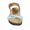 Woman's straps sandal in tan brown leather and turquoise, platinum and copper braided raffia wedge heel 3 - Available sizes:  42