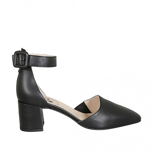 Woman's pointy open shoe with strap and elastic band in black leather heel 5 - Available sizes:  45