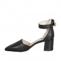 Chaussure ouverte à bout pointu pour femmes avec courroie et elastique en cuir noir talon 5 - Pointures disponibles:  45