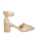 Woman's pointy open shoe with strap and elastic band in beige leather heel 5 - Available sizes:  45