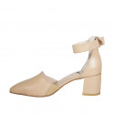 Chaussure ouverte à bout pointu pour femmes avec courroie et elastique en cuir beige talon 5 - Pointures disponibles:  45