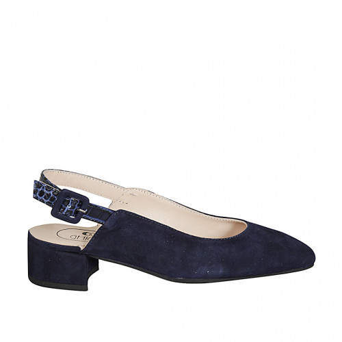 ﻿Zapato destalonado para mujer en gamuza y piel estampada azul tacon 3 - Tallas disponibles:  33, 34
