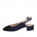﻿Woman's slingback pump in blue suede and printed leather heel 3 - Available sizes:  33, 34