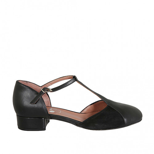 Zapato abierto para mujer en piel y gamuza negra con cinturon salomé tacon 2
