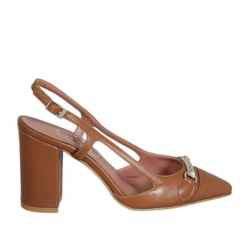 Woman's slingback pump in tan brown leather with accessory heel 8 - Available sizes:  42, 43