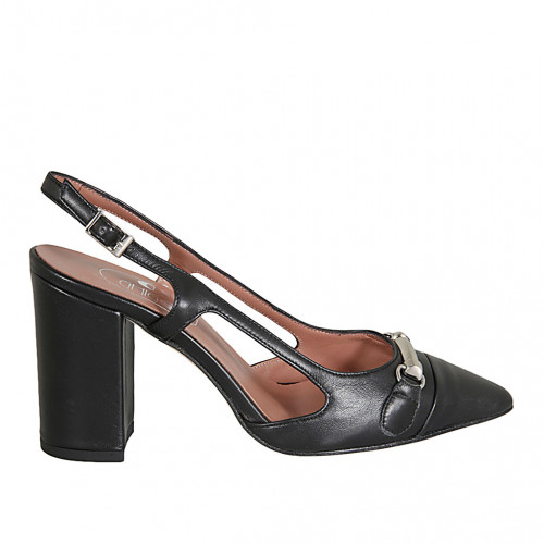 Woman's slingback pump in black leather with accessory heel 8 - Available sizes:  32, 34