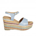 Sandale avec courroie pour femmes en cuir bleu clair et tissu multicouleur talon compensé 9 - Pointures disponibles:  42, 43, 44