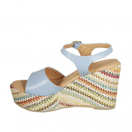 Woman's sandal with strap in light blue leather and multicolored fabric wedge heel 9 - Available sizes:  42 2