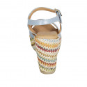 Sandalia con cinturon para mujer en piel azul claro y tejido multicolor cuña 9 - Tallas disponibles:  42