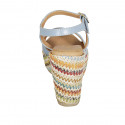 Woman's sandal with strap in light blue leather and multicolored fabric wedge heel 9 - Available sizes:  42, 43, 44
