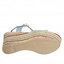 Woman's sandal with strap in light blue leather and multicolored fabric wedge heel 9 - Available sizes:  42, 43, 44