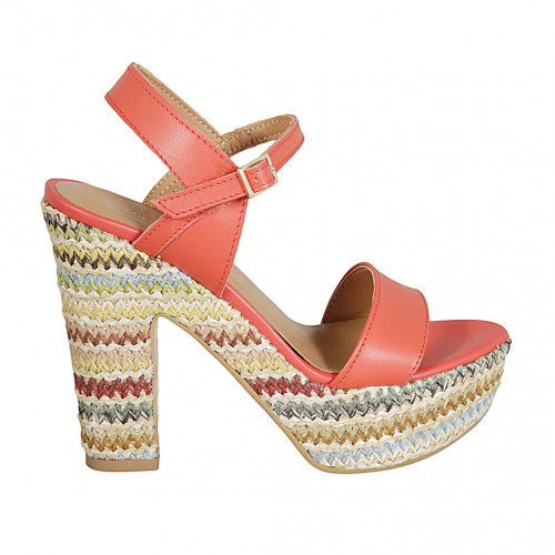 Woman's strap sandal with platform in red leather and multicolored fabric heel 12 - Available sizes:  34, 42