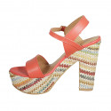 Woman's strap sandal with platform in red leather and multicolored fabric heel 12 - Available sizes:  34, 42