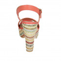 Woman's strap sandal with platform in red leather and multicolored fabric heel 12 - Available sizes:  42