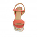 Woman's strap sandal with platform in red leather and multicolored fabric heel 12 - Available sizes:  34, 42