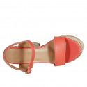 Woman's strap sandal with platform in red leather and multicolored fabric heel 12 - Available sizes:  34, 42