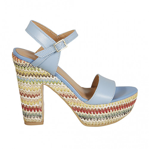 Sandale pour femmes avec courroie et plateforme en cuir bleu clair et tissu multicouleur talon 12 - Pointures disponibles:  43