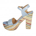 Woman's strap sandal with platform in light blue leather and multicolored fabric heel 12 - Available sizes:  43