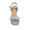 Woman's strap sandal with platform in light blue leather and multicolored fabric heel 12 - Available sizes:  43