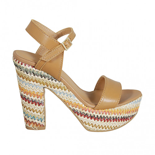 Woman's strap sandal with platform in tan brown leather and multicolored fabric heel 12 - Available sizes:  42, 43