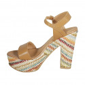 Woman's strap sandal with platform in cognac brown leather and multicolored fabric heel 12 - Available sizes:  42