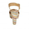 Woman's strap sandal with platform in cognac brown leather and multicolored fabric heel 12 - Available sizes:  42