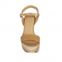 Woman's strap sandal with platform in tan brown leather and multicolored fabric heel 12 - Available sizes:  42, 43