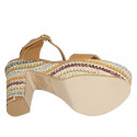 Woman's strap sandal with platform in cognac brown leather and multicolored fabric heel 12 - Available sizes:  42