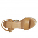 Woman's strap sandal with platform in cognac brown leather and multicolored fabric heel 12 - Available sizes:  42