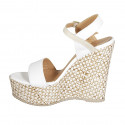 Woman's strap platform sandal in white and beige leather with braided wedge heel 12 - Available sizes:  42