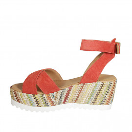 Woman's strap sandal with platform in red suede and multicolored fabric wedge heel 7 - Available sizes:  42 2