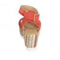 Woman's strap sandal with platform in red suede and multicolored fabric wedge heel 7 - Available sizes:  42