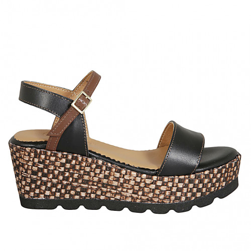 Sandale pour femmes avec courroie et plateforme en cuir noir et marron avec talon compensé tressé 7 - Pointures disponibles:  42