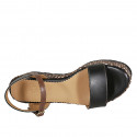 Woman's strap platform sandal in black and brown leather with braided wedge heel 7 - Available sizes:  42