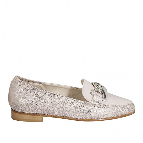 Woman's loafer in rose patent leather and rose and silver laminated printed suede with chain heel 2 - Available sizes:  42