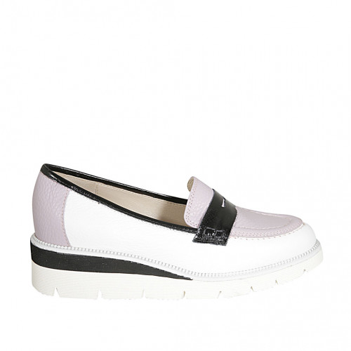 Mocassin pour femmes en cuir blanc, lavande et bleu talon compensé 4 - Pointures disponibles:  42, 43