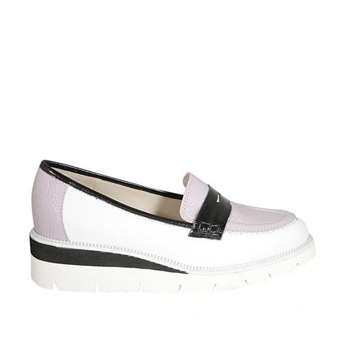 Woman's loafer in white, lavender and blue leather wedge heel 4 - Available sizes:  42, 43