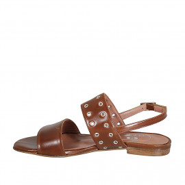 Woman's sandal in cognac brown leather with studs heel 1 - Available sizes:  33 2