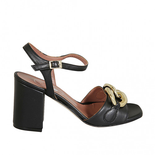 Woman's sandal with strap and chain in black leather heel 8 - Available sizes:  32, 33