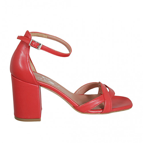 Zapato abierto con cinturon para mujer en piel roja tacon cuadrado 8 - Tallas disponibles:  42, 43, 44
