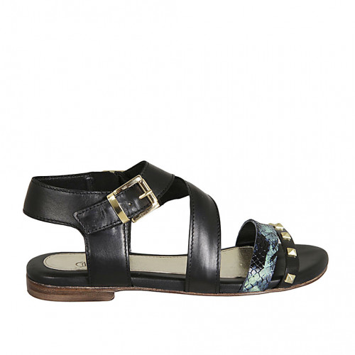 Woman's sandal with zipper, buckle and studs in black leather and blue green printed leather heel 1 - Available sizes:  33, 42