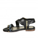 Woman's sandal with zipper, buckle and studs in black leather and blue green printed leather heel 1 - Available sizes:  33, 42