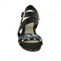 Sandale pour femmes avec fermeture éclair, boucle et goujons en cuir noir et cuir imprimé bleu vert talon 1 - Pointures disponibles:  33, 42