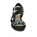 Woman's sandal with zipper, buckle and studs in black leather and blue green printed leather heel 1 - Available sizes:  33, 42