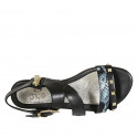 Woman's sandal with zipper, buckle and studs in black leather and blue green printed leather heel 1 - Available sizes:  33, 42