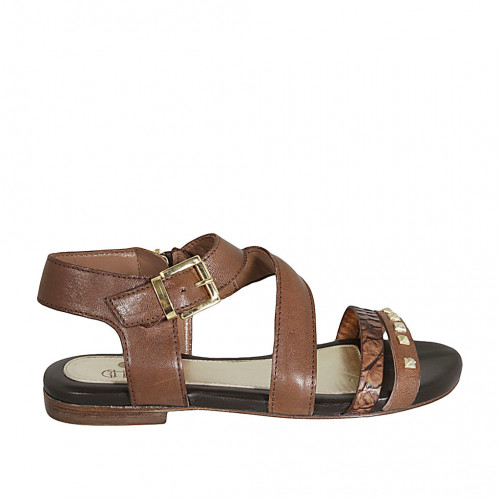 Sandale pour femmes avec fermeture éclair, boucle et goujons en cuir et cuir imprimé marron talon 1 - Pointures disponibles:  33