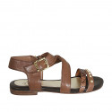 Woman's sandal with zipper, buckle and studs in brown leather and printed leather heel 1 - Available sizes:  33, 44