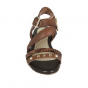 Woman's sandal with zipper, buckle and studs in brown leather and printed leather heel 1 - Available sizes:  33, 44
