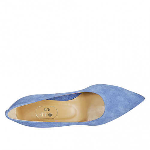 Zapato de salon puntiagudo para mujer en gamuza azul claro tacon 5